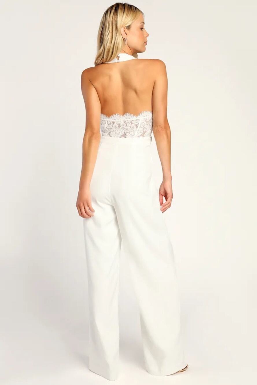 Lulus Lucky Luxury White Halter Wide Leg Jumpsuit NWT Bridal Wedding Reception